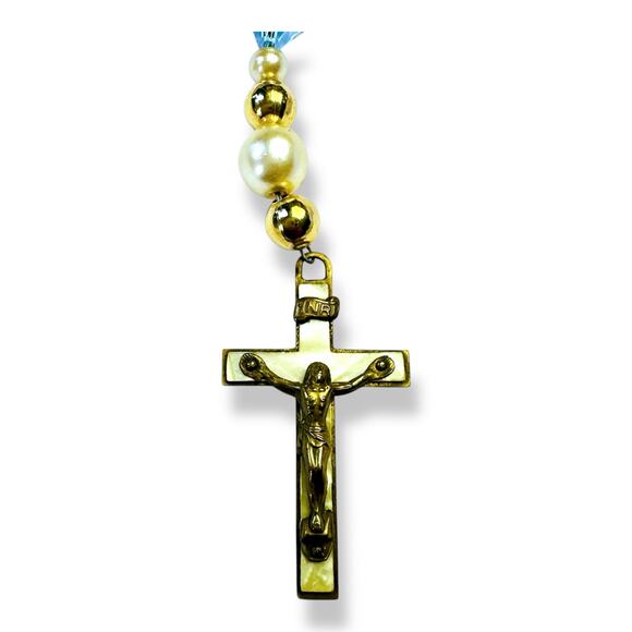 Faux Pearl Rosary Blue Rhinestone Beads Mother of Pearl Crucifix Prayer Beads - Picture 4 of 6